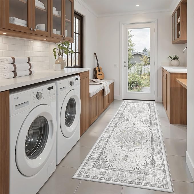 Madane Hallway Runner Rug 2x5 Washable Entry Rugs Non-Slip, Grey | Vintage Printed Low-Pile Kitchen Runners, Soft Low-Pile Stain-Resistant Throw Carpet for Bedroom Entrance Laundry Room 2'x5'