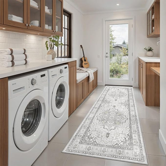 Madane Washable Runner Rug 2x6 Runners for Hallways Non Slip, Grey | Vintage Stain-Resistant 6 Feet Kitchen Rug, Soft Low-Pile Ultra-Thin Floor Carpet Mat for Bathroom Laundry Room Bedroom 2x6ft