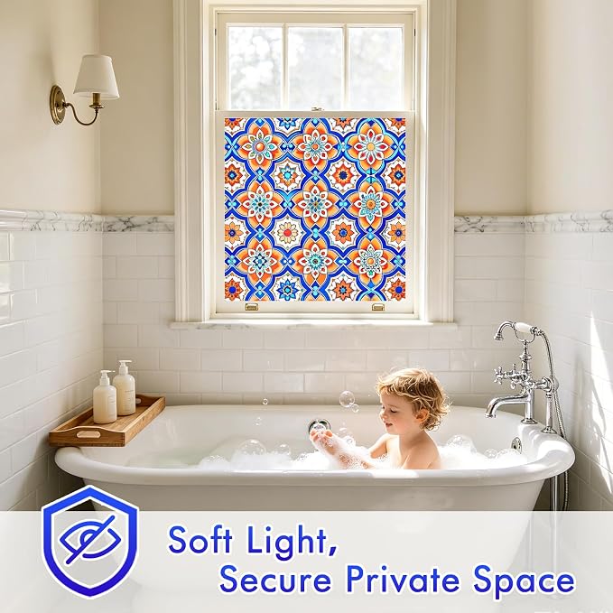 SOMWISE Frosted Glass Window Privacy Film with Tools, Heat Blocking, Anti-UV, Anti-Glare, Static Cling, Decor for Home Bathroom Door, Renter Friendly, Removable, Reusable, Blue 45Inchx157Inch