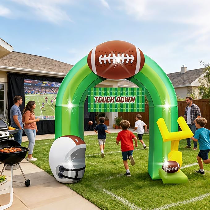9FT Football Party Decorations for Game Day Blow Up with Helmet Built in LED Lights Goal Post for Yard Giant Balloon Photo Prop for Gift Light Green Football Inflatable Arch