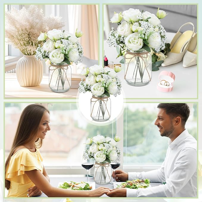 Zeyune 12 Sets Mason Jar Centerpiece Table Decorations, Artificial Peony Baby's Breath Flower Bouquets, Faux Flowers with Vase, Rustic Decor Gifts for Home, Wedding, Holiday (Green)