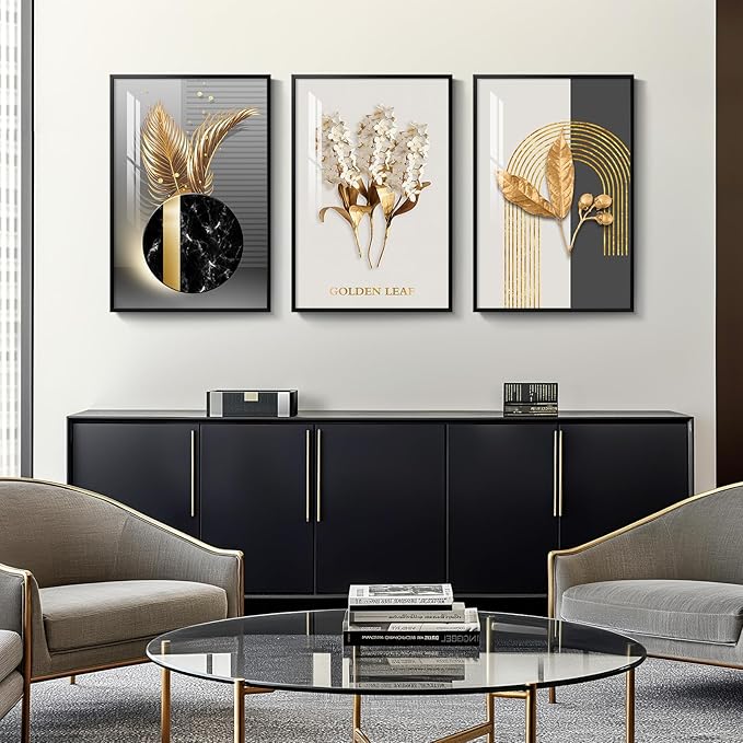 Framed Modern Luxury Large Wall Art for Living Room, Set of 3 Piece Black White Gold Contemporary Abstract Paintings Artwork for Walls, Big Prints Pictures for Office Wall Decor -Total 30" x 60"
