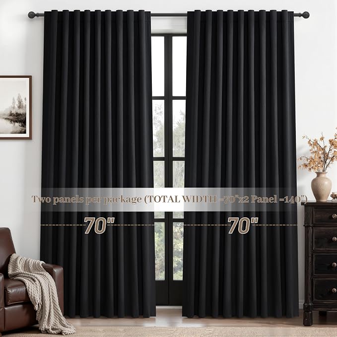 Black Out Curtains 70 Inches Extra Wide Luxury Linen Curtains 84 Inch Length for Living Room, Pleated Farmhouse Bedroom Thermal Heavy Drapes for Winter Thick Large Window 70"W x 84"L 2 Panels