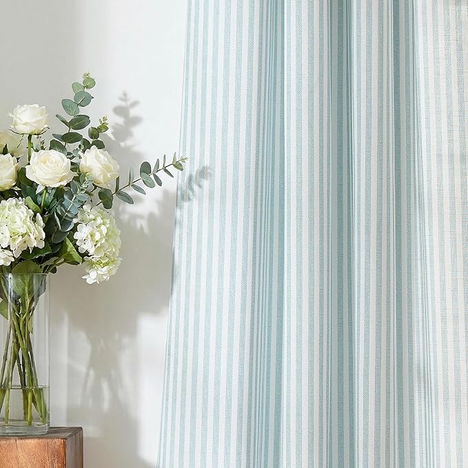 jinchan Linen Curtains 63 inch Aqua Blue Stripe on White Grommet 2 Panels | Curtains for Living Room Bedroom,Ticking Vertical Stripe ,Modern Beachy Coastal Drapes,Window Treatment,Light Filtering