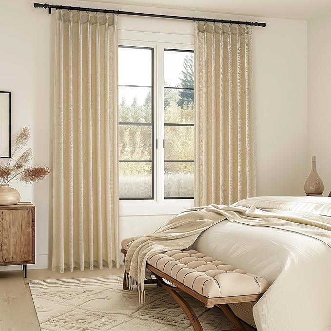 Topfinel Pinch Pleated Curtains 90 Inches Long 2 Panels Set,Beige Semi Sheer Cotton Blend Linen Burlap Farmhouse Modern Light Filtering Curtain Drapes for Living Room Bedroom,40x90 inch Length