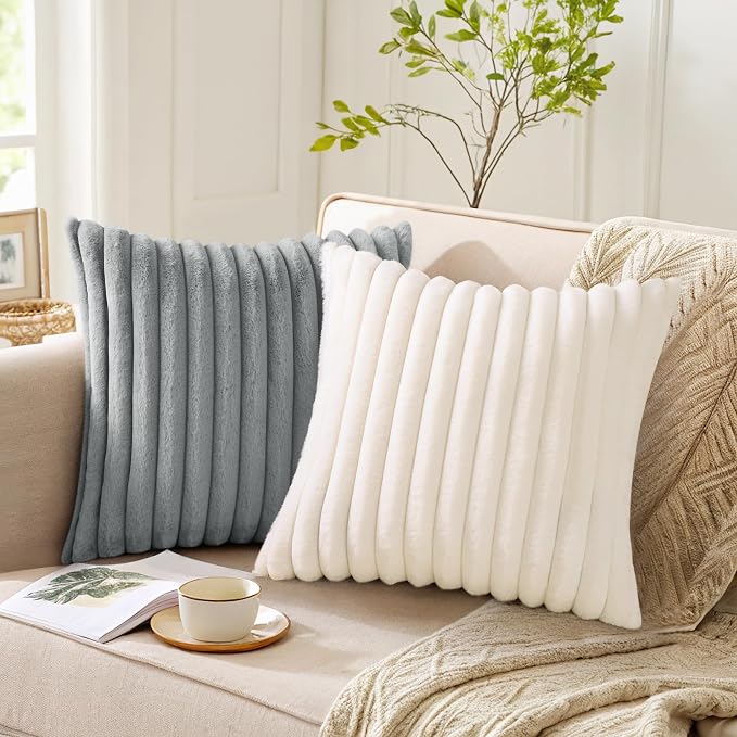 Pallene Faux Fur Plush Fall Throw Pillow Covers 24x24 Set of 2, Luxury Soft Fluffy Striped Decorative Pillow Covers for Sofa, Couch, Living Room, Cream White