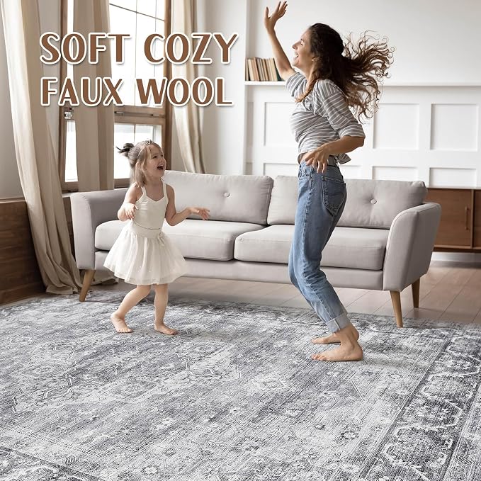 8x10 Area Rugs Living Room: Washable Boho Large Neutral Vintage Soft Rug Stain Resistant Farmhouse Non-Slip Indoor Floor Carpet for Bedroom Nursery Kids Playroom Office Dining Room- Gray