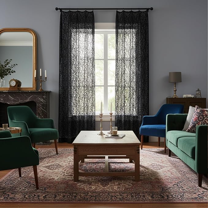 Bujasso Black Lace Pinch Pleat Curtains 84 inch,Gothic Vintage Floral Sheer Drapes with Hooks & Rings, Baroque Damask Scalloped Edge Light Filtering Window Panels for Bedroom Living Room, 40"Wx84"Lx2