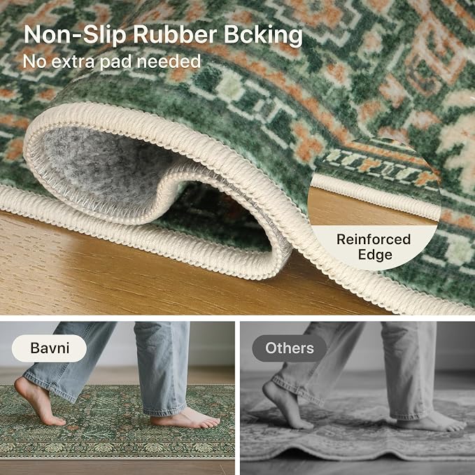 Bavni 2'6''x6 Rug Runners for Hallways, Washable Runner Rug Non Slip, Vintage Floral Print Style Rugs for Bedroom-Lightweight Low Pile Carpet for Hallways Bathroom, Forest Green