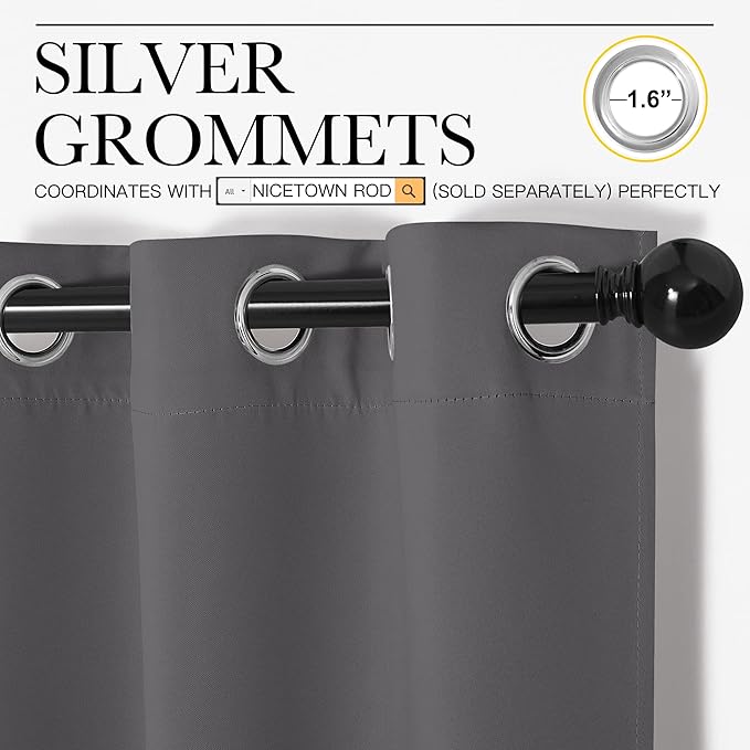 NICETOWN Grey Blackout Curtain Panels for Bedroom, 2 Panels, W34 x L36-inch, Thermal Insulated Grommet Top Blackout Draperies and Drapes for Basement
