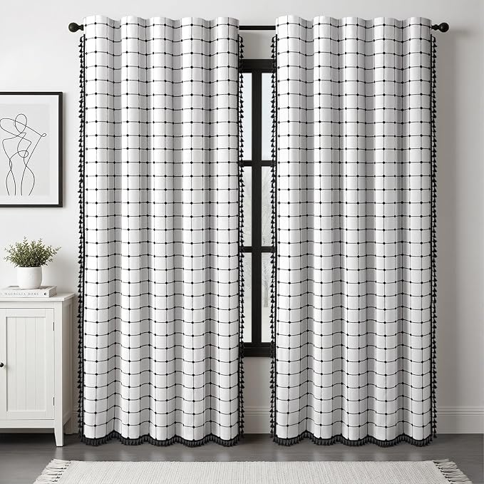 Boho Blackout Black Plaid Curtains 84 Inch Linen Blend Drapes with Tassels 2 Panels, Cotton Embroidered Farmhouse Curtains for Living Room Bedroom
