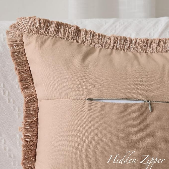 Kevin Textile 12x20 Inch Lumbar Pillow Cover 1 Pack Boho Fringe Decorative Rectangle Cushion Case with Tassels Neutral Cotton Woven Textured Farmhouse for Living Room Couch Sofa Bed, Khaki Brown