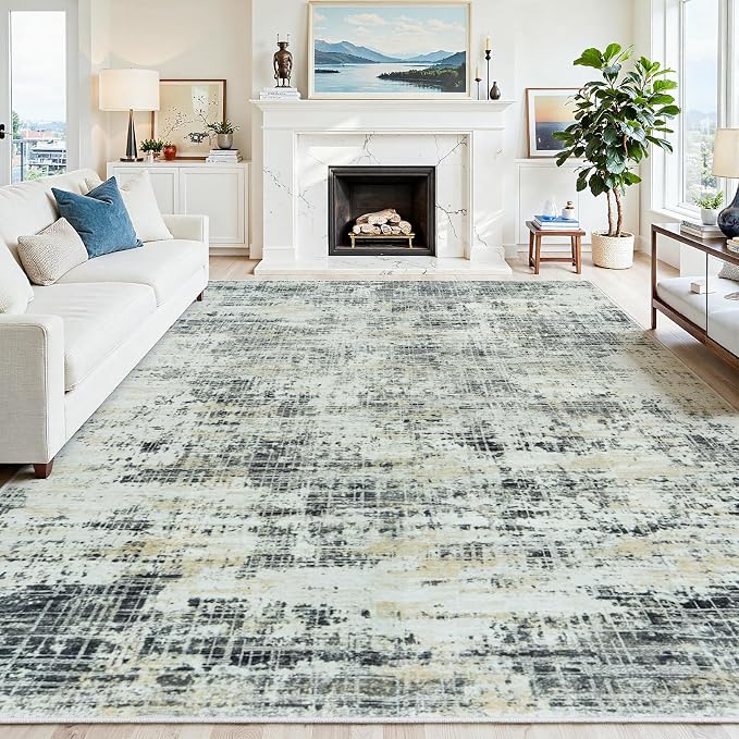 10x14 Area Rugs for Living Room Washable Rug: Anti-Skid Abstract Modern Living Room Rug Soft Thin Carpets Indoor Floor Non-Shedding Carpet for Bedroom Dining Farmhouse Nursery Black Gray Gold
