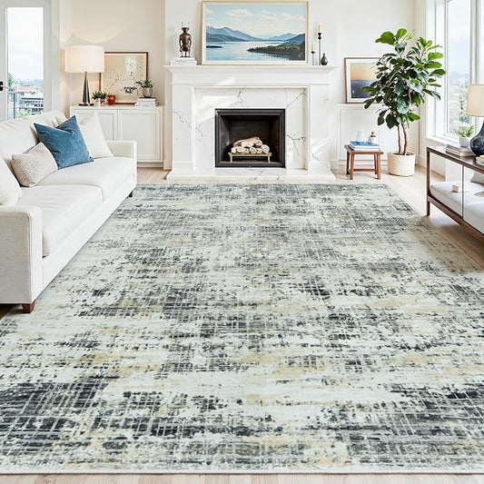 10x14 Area Rugs for Living Room Washable Rug: Anti-Skid Abstract Modern Living Room Rug Soft Thin Carpets Indoor Floor Non-Shedding Carpet for Bedroom Dining Farmhouse Nursery Black Gray Gold