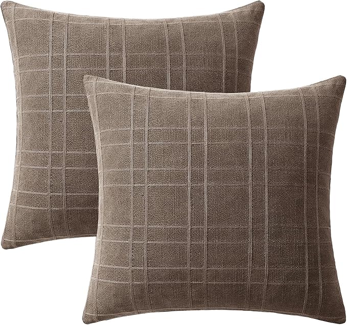 MIULEE Decorative Linen Check Throw Pillow Covers Neutral Farmhouse Vintage Pillow Covers 18x18 Set of 2 Boho Modern Winter Home Decor for Sofa Couch Bedroom Cushion Taupe