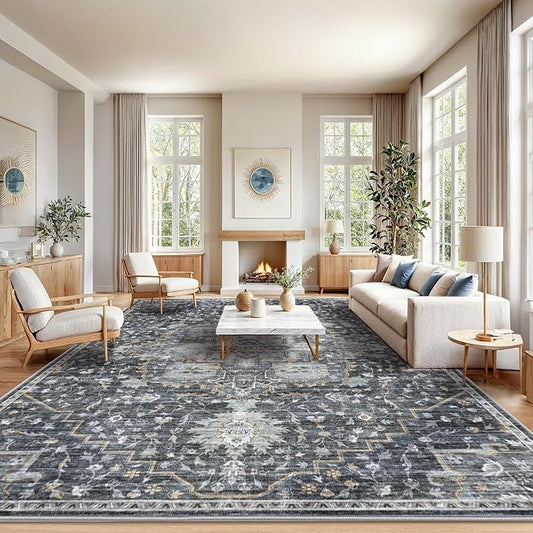 AMADA HOMEFURNISHING 10x14 Washable Area Rug, Low-Profile Large Area Rug with Non-Slip Backing & Durable Edge Binding, Vintage Large Rugs for Living Room, Bedroom & Dining Room
