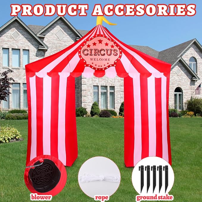 Preboun 10ft/3.05m Circus Carnival Party Decoration Large Circus Inflatables Tent Blow up Archway Built in LED Lights for Carnival Birthday Party Summer Holiday Yard Garden Outdoor Decor