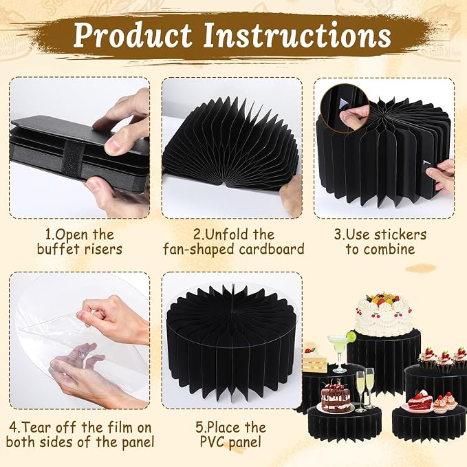 5Pack Buffet Risers Display Stands Foldable Food Risers for Buffet Table Tall Cake Cupcake Stands Cardboard Cylinder Stand Dessert Table Display Set for Catering Jewelry Wedding Party Decor (Black)