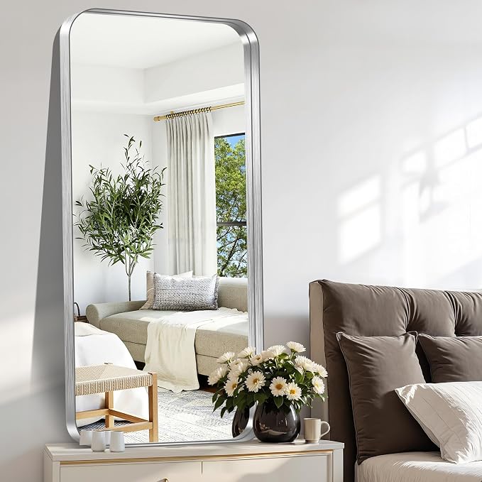 CIRCUMI Silver Bathroom Mirror, 24"x48" Rectangular Mirror with Deep Metal Frame, Rounded Corner, Tempered Glass, Large Mirror for Wall, Over 2 Sinks, Installed Vertically/Horizontally, Crystal-Clear