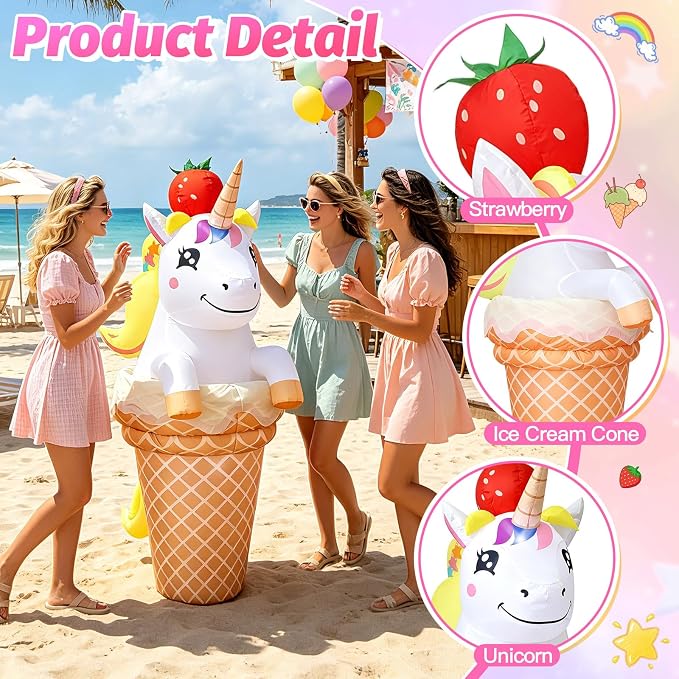 5FT Inflatable Unicorn with Ice Cream Cone for Summer Outdoor Decorations, Giant Blow Up Ice Cream Built-in LED Lights for Sweet Candy Theme Girls Birthday Party, Beach Pool Yard Garden Photo Backdrop