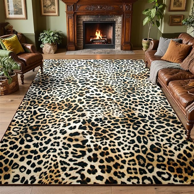 DweIke Leopard Print Rug for Living Room, Machine Washable 4x6 Cheetah Area Rugs for Bedroom, Non-Slip Low Pile Animal Hide Carpet with Rubber Backing for Dining Room Kitchen Home Decor,White Brown