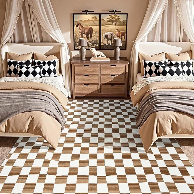 jinchan 6x9 Brown Checkered Area Rugs for Kids Room - Machine Washable Rug Modern Neutral Geometric Lattice Soft Non-Slip Carpet for Nursery Playroom Classroom Living Room Bedroom Home Office