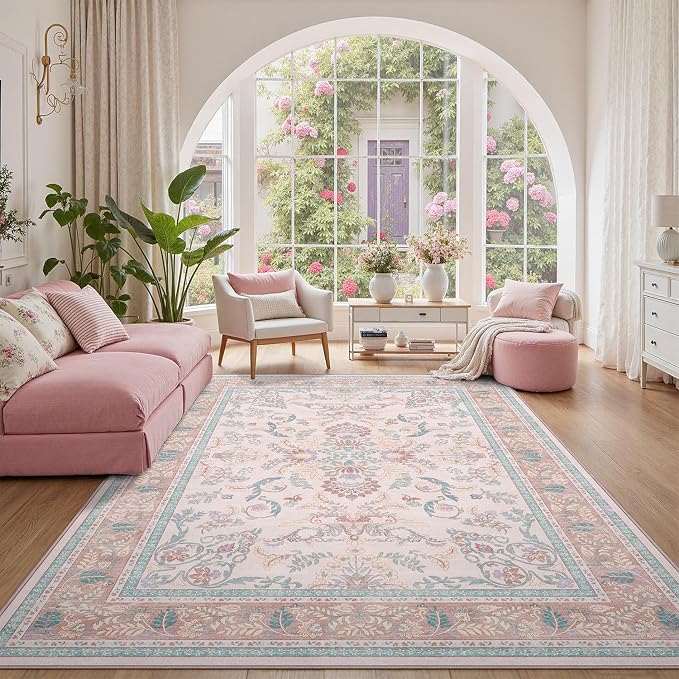 DCX 9x12 Pink Vintage Floral Rug, Machine Washable Non Slip Low Pile Carpet for Girl’s Bedroom, Nursery, Dorm, Kid & Pet Friendly Soft Stain Resistant Rug