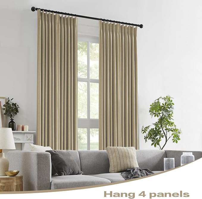 DUALIFE Taupe Blackout Pinch Pleated Curtains for Bedroom 144 Inch Length, Linen Blended Farmhouse 100% Blackout Thermal Insulated Back Tab Drapes with Hooks for Track System 2 Panels W40xL144