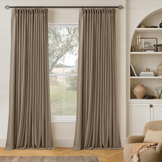 Latte Brown Pleated Linen Blackout Curtains 90 Inches Long for Bedroom Living Room Pinch Pleat Black Out Thermal Insulated Room Darkening Ring Hooks Room Darkening Drapes Curtains with Liner 40x90