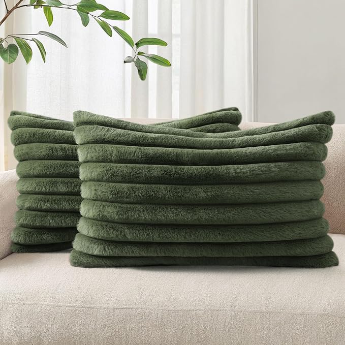 Pallene Faux Fur Plush Lumbar Throw Pillow Covers 12x20 Set of 2, Luxury Soft Fluffy Striped Decorative Pillow Covers for Sofa, Couch, Living Room, Olive Green