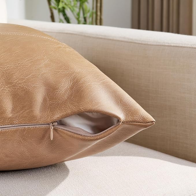 Fancy Homi Tan Decorative Throw Pillow Covers 18x18 Inch for Outdoor Couch Bed, Waterproof Faux Leather Hand Stitched Beige Square Cushion Case 45x45 cm, Modern Farmhouse Boho Home Decor