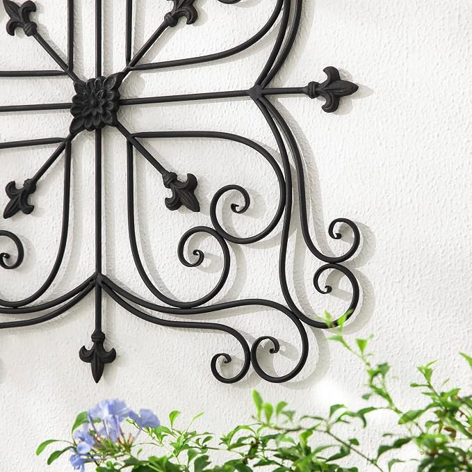 Glitzhome Vintage Wall Decor, Black Artistic Beauty Metal Garden Ornament Powder-Coated Matte Black Finish Charming Fleur-de-lis Outdoor Indoor Decoration