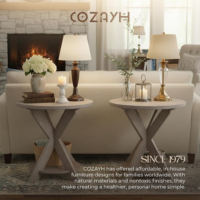 Set of 2 Farmhouse Cross Leg end Table, French Country Accent Side Table for Family, Dinning or Living Room, Small Spaces, Modern, Round, Vintage Grey Finish. (2 Pack)