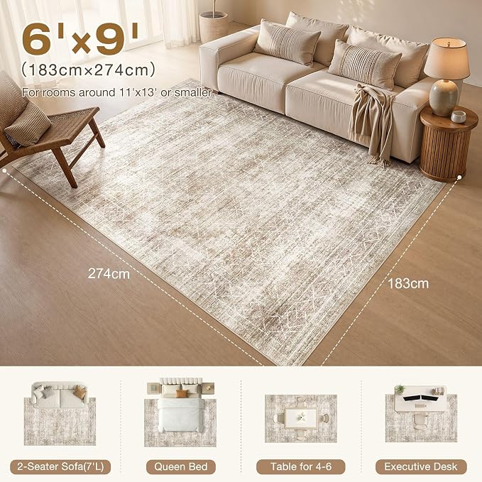 cotiled Washable Area Rugs 6x9 Living Room | Non Slip Backing, Stain Resistant, Pet Friendly, Large Neutral Soft Indoor Carpet For Bedroom, Nursery, Office, Beige/Brown