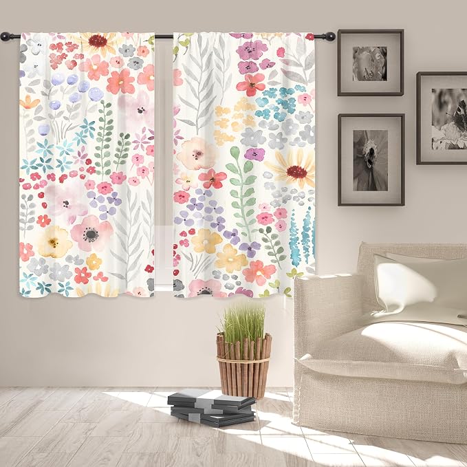 Riyidecor Colorful Floral Curtains Pink Cute Boho Wildflower Watercolor Plant Leaves Botanical Trendy Rod Pocket Pretty Aesthetic for Girls Bedroom Living Room Treatment Fabric 2 Panels 42Wx45H Inch