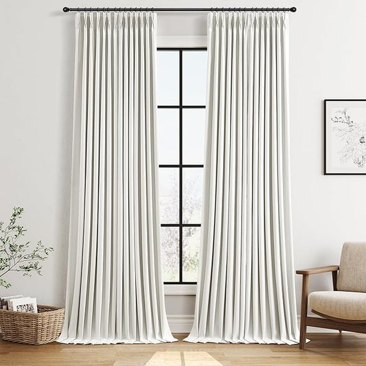 Ivory Pinch Pleat Linen 100% Blackout Curtains 108 Inches Long 2 Panels Set for Bedroom Pleated Thermal Insulated Complete Black Out Window Curtain 108 Inch Living Room High Ceiling Length Drapes