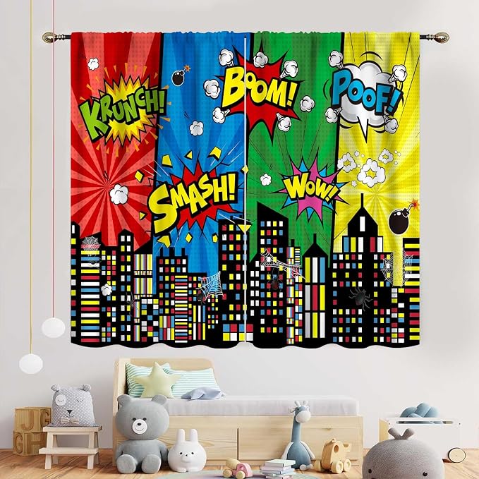 Super City Hero Curtain, Comic Style Cityscape Skyline Buildings Cartoon Window Curtains for Boys Kids Teens Baby Room Bedroom Living Nursery 2 Panel Sets, 63"x72" Inch
