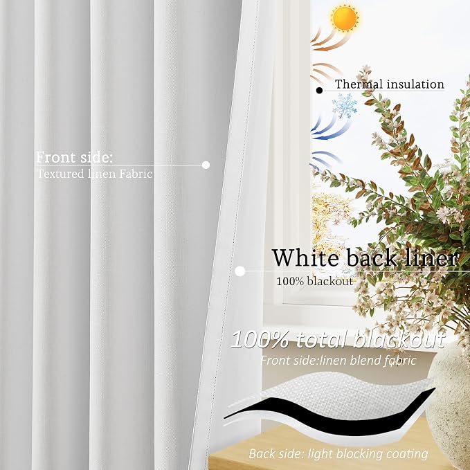 Jowels Off White Linen Blackout Curtains 102 Length 2 Panels Set for Living Room Bedroom, 100% Black Out Thermal Insulated Linen Drapes, Room Darkening Grommet Curtains 102 Inches Long, Off White