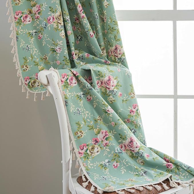OYX Floral 63 Inch Curtains for Living Room Green Drapes Bedroom Semi Sheer Rod Pocket Short Window Curtains 2 Panel Sets Boho Farmhouse Vintage Light Filtering Window Treatments