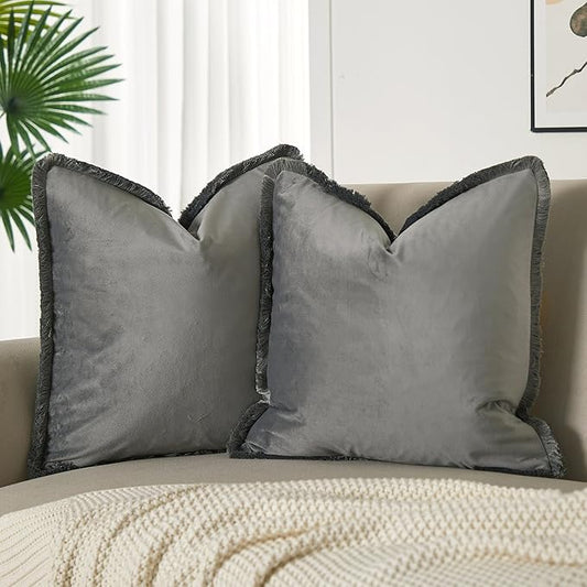 JUSPURBET Pack of 2 Gray Decorative Fringe Velvet Throw Pillow Covers 18x18 for Home Decor Living Room Bedroom Car Boho Soft Cushion Cover with Hidden Zipper Machine Washable