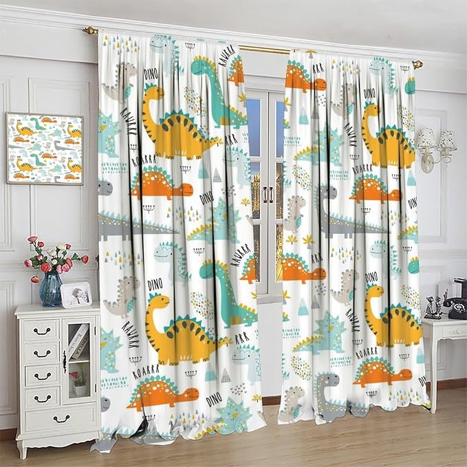 YCness Dinosaur Curtains for Boys Girls Children Nursery Playroom Room Decor Cute Cartoon Dino Art Printed Window Drapes Decor Fabric Set 2 Panel. 42x63 Inch 80% Shading Rate