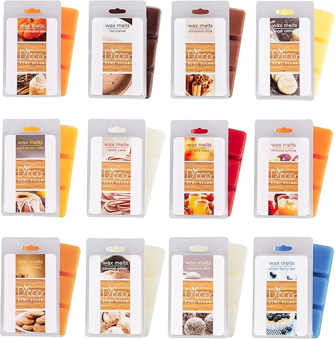 D'Eco Desserts Wax Melts - 12 Ct Variety Pack Home Fragrances - Long Lasting Scented Tarts for Wax Warmers - Caramel, Berry, Mimosa, Coconut, Lemon, Cinnamon, Gelato, Peppermint - Mothers Day Gift Set