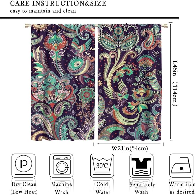 Boho Curtains, Traditional Geometric Ethnic Style Beautiful Floral Pattern, Blackout Curtains Living Room Bedroom Dim Room, 2 Panel Set, 42x45 in.