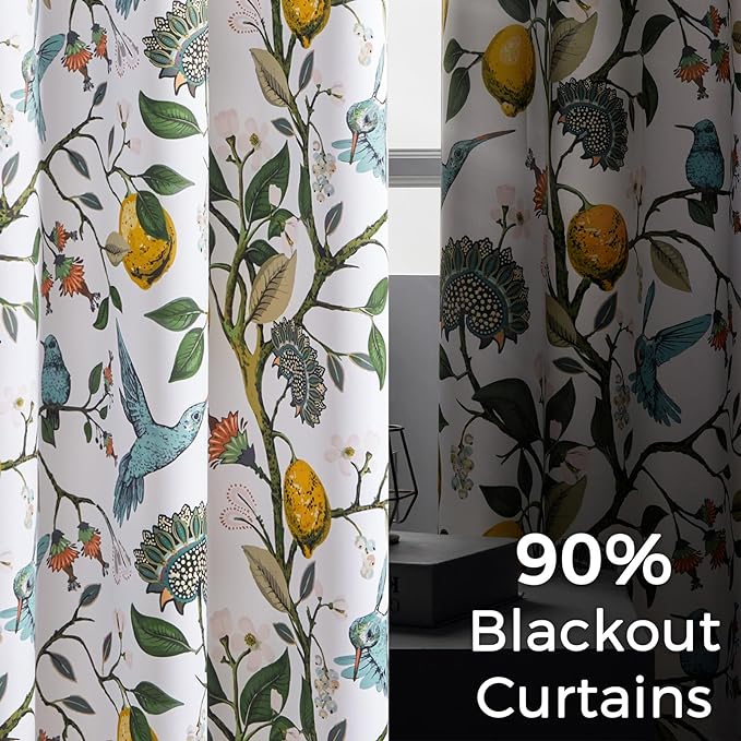 Topfinel White Pretty Pioneer Woman Blackout Curtains 63 Inches Length 2 Panels, Aesthetic Retro Botanical Floral Hummingbird Printed Soundproof Grommet Drapery Treatment for Nursery Kid Classroom