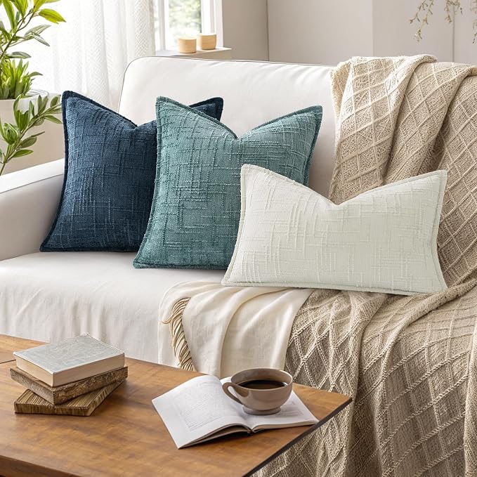 decorUhome Chenille Throw Pillow Covers 26x26 Set of 2, Soft Textured Slubby Modern Decorative Pillow Covers with Elegant Design for Couch, Sofa, Living Room, Navy Blue