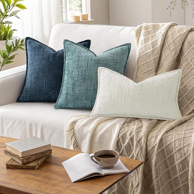 decorUhome Chenille Throw Pillow Covers 24x24 Set of 2, Soft Textured Slubby Modern Decorative Pillow Covers with Elegant Design for Couch, Sofa, Living Room, Navy Blue