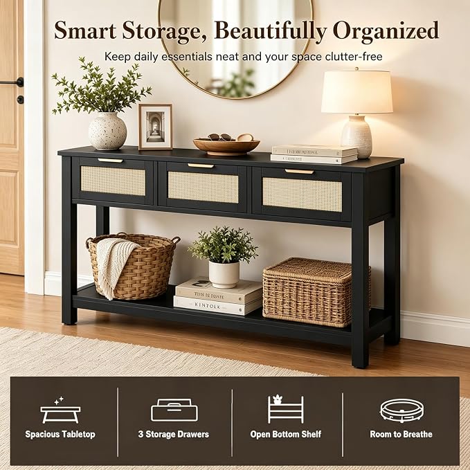 Entryway Table with 3 Drawers, Boho Rattan Console Table with Storage Shelf | Narrow Sofa Table Behind Couch for Hallway, Foyer & Living Room, 47" Wood Accent Table, Easy Assembly, Anti-Tip, Modern Black