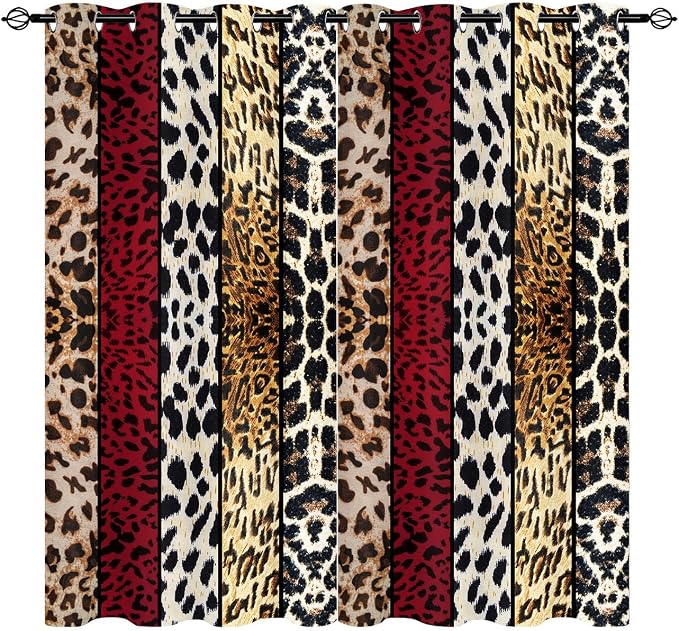 Wild Animal Print Curtain, Room Darkening Thermal Insulated Blackout Leopard Boa Window Drapes with Grommets for Living, Dining, Bedroom, Red Leopard Print, 42"x 63", 2 Panels