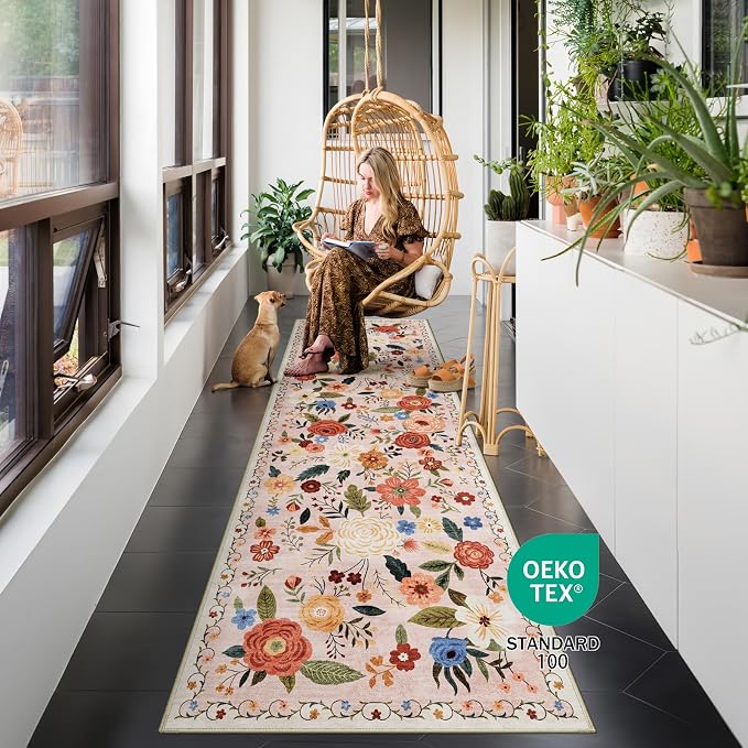 2.6x8 Machine Washable Runner Rug, Kitchen Hallway Area Rug Beige Pink Vintage Boho Floral Ultra Non-Slip Low Pile Soft Faux Wool Carpet Kids and Pets Friendly for Bedroom Entryway Nursery Decor Rug