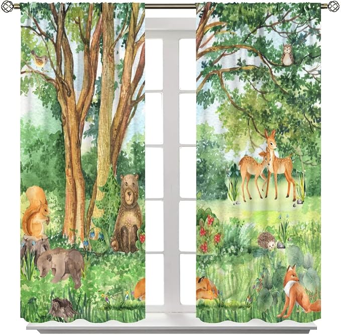 YCness Forest Animal Curtains, Watercolor Wild Animal Bear Fox Deer Kids Window Treatments for Living Room Bedroom,Green Woodland Tree Kids Drapes 2 Panel Sets,42x54 Inch